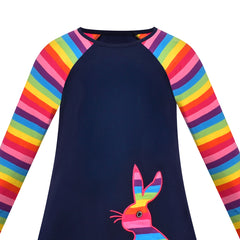 Girls Dress Easter Floral Egg Hunting Applique Rainbow Color Rabbit Long Sleeve Size 4-8 Years
