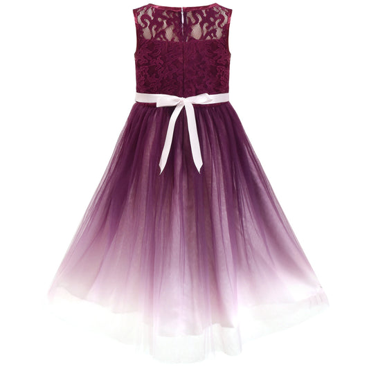 Girls Dress Flower Lace Top Burgundy Gradient Skirt Sleeveless Size 6-14 Years