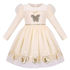 Girls Dress Cream Sequin Heart Butterfly Tulle Skirt Long Sleeve Size 3-12 Years