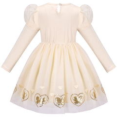 Girls Dress Beige Cream Sequin Heart Butterfly Tulle Skirt Long Sleeve Size 4-8 Years
