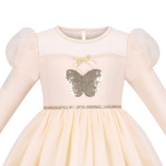 Girls Dress Beige Cream Sequin Heart Butterfly Tulle Skirt Long Sleeve Size 4-8 Years