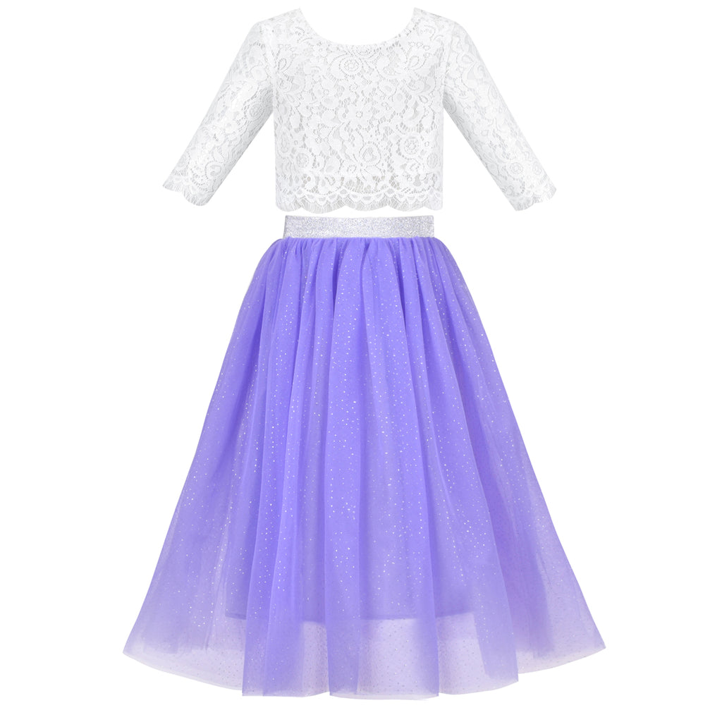 Girls Dress 2PC Set Floral Lace Glitter Tulle Skirt 3/4 Sleeve Size 6-12 Years