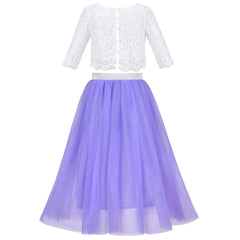 Girls Dress 2PC Set Floral Lace Glitter Tulle Skirt 3/4 Sleeve Size 6-12 Years