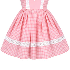 Girls Dress Backless Sweet Pink Plaid Rural Ruffle Lace Sleeveless Size 3-7 Years