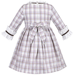 Girls Dress Vintage Country Style Plaid Velvet Bow Ruffle 3/4 Sleeve Size 4-10 Years