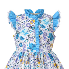 Girls Dress Blue Floral Vintage Ruffle Collar Flutter Flare Sleeve Size 6-12 Years