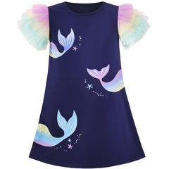 Girls Dress A-line Mermaid Fish Tail Rainbow Ruffle Flare Sleeve Size 4-10 Years