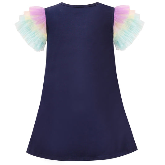 Girls Dress A-line Mermaid Fish Tail Rainbow Ruffle Flare Sleeve Size 4-10 Years