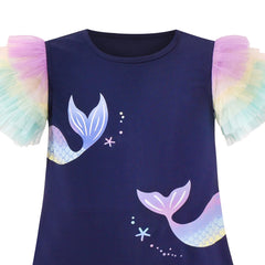 Girls Dress A-line Mermaid Fish Tail Rainbow Ruffle Flare Sleeve Size 4-10 Years