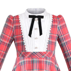 Girls Dress Red Plaid Stand Collar Vintage Pearl Button Long Sleeve Size 6-12 Years