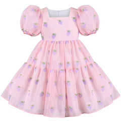 Girls Dress Embroidery Square Neck Lantern Puff Short Sleeve Size 4-10 Years