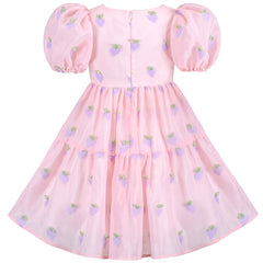 Girls Dress Embroidery Square Neck Lantern Puff Short Sleeve Size 4-10 Years