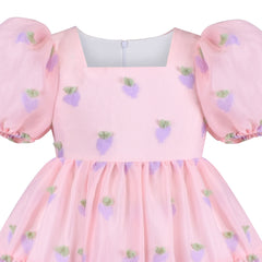 Girls Dress Embroidery Square Neck Lantern Puff Short Sleeve Size 4-10 Years