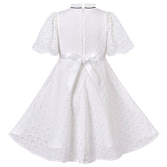 Girls Dress Vintage White Lace Stand Collar Ribbon Bow Tie Short Sleeve Size 4-8 Years