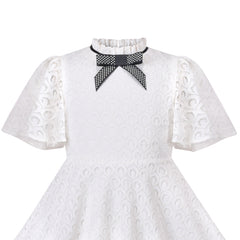 Girls Dress Vintage White Lace Stand Collar Ribbon Bow Tie Short Sleeve Size 4-8 Years