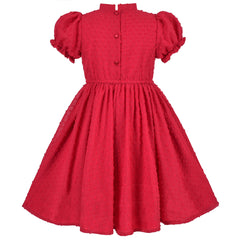 Girls Dress Red Chiffon Swiss Dot Stand Collar Ruffle Puff Short Sleeve Size 3-7 Years