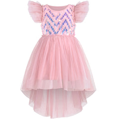 Girls Dress Sequin Wedding Hi-low Tulle Skirt Tutu Flutter Sleeve Size 3-12 Years