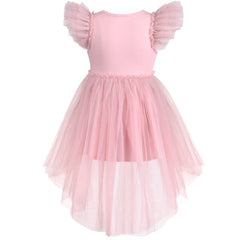 Girls Dress Sequin Wedding Hi-low Tulle Skirt Tutu Flutter Sleeve Size 3-12 Years