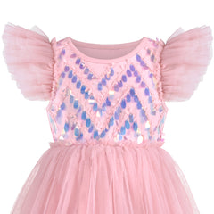 Girls Dress Sequin Wedding Hi-low Tulle Skirt Tutu Flutter Sleeve Size 3-12 Years