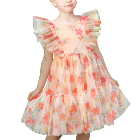 Girls Dress Floral Ruffle Tulle Skirt Flutter Flare Sleeve Size 5-10 Years