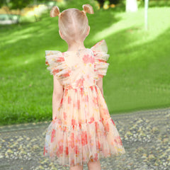 Girls Dress Floral Ruffle Tulle Skirt Flutter Flare Sleeve Size 5-10 Years