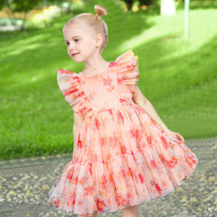 Girls Dress Floral Ruffle Tulle Skirt Flutter Flare Sleeve Size 4-10 Years