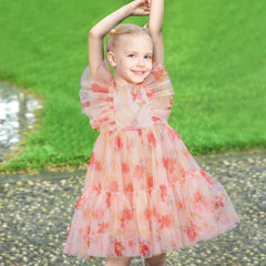 Girls Dress Floral Ruffle Tulle Skirt Flutter Flare Sleeve Size 4-10 Years