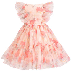 Girls Dress Floral Ruffle Tulle Skirt Flutter Flare Sleeve Size 5-10 Years