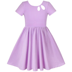Girls Dress Cotton Purple O-neck Hollow Back Short Sleeve Size 4-8 Years