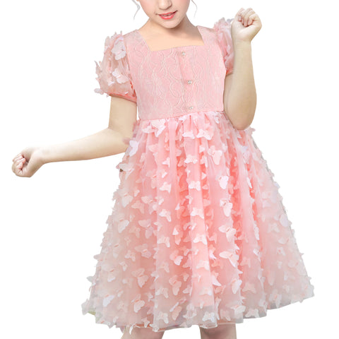 Girls Dress 3D Butterfly Pink Lace Top Sweet Square Collar Short Sleeve Size 5-10 Years