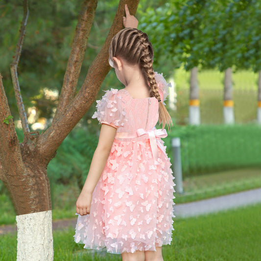 Girls Dress 3D Butterfly Lace Top Sweet Square Collar Short Sleeve Size 5-10 Years