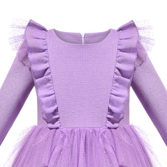 Girls Dress Purple Glitter Tulle Zigzag Trim Ruffle Flare Long Sleeve Size 6-12 Years