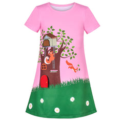 Girls Dress Tee Shirt Forest Tree House Applique Squirrel Short Sleeve Size 3-10 Years