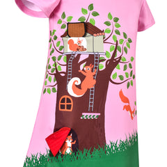 Girls Dress Tee Shirt Forest Tree House Applique Squirrel Short Sleeve Size 3-10 Years