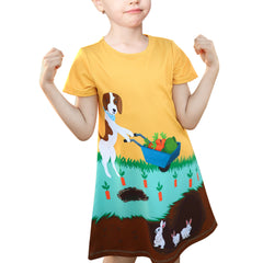 Girls Dress T-shirt Autumn Carrot Harvest Field Rabbit Dog Short Sleeve Size 3-8 Years