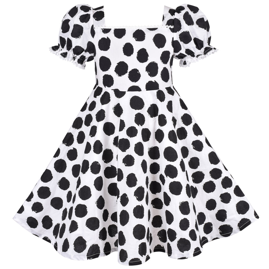 Girls Dress Dot Square Collar Lace Trim Puffy Skirt Bud Short Sleeve Size 4-12 Years