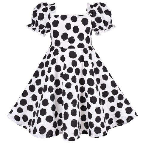 Girls Dress Black Dot Square Collar Lace Trim Puffy Skirt Bud Short Sleeve Size 4-8 Years