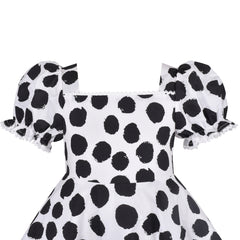 Girls Dress Dot Square Collar Lace Trim Puffy Skirt Bud Short Sleeve Size 4-12 Years