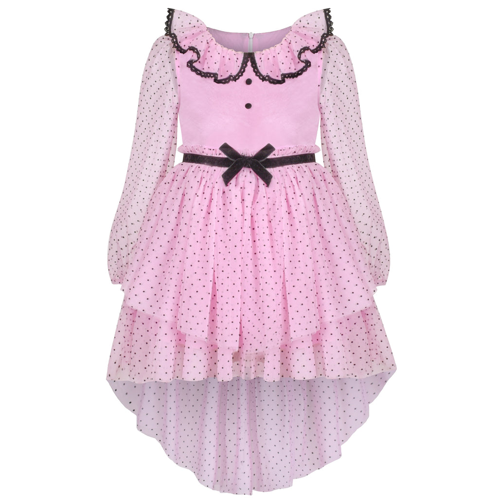 Girls Dress Polka Dot Lace Ruffle Velvet Hi-lo Skirt Bubble Long Sleeve Size 5-10 Years
