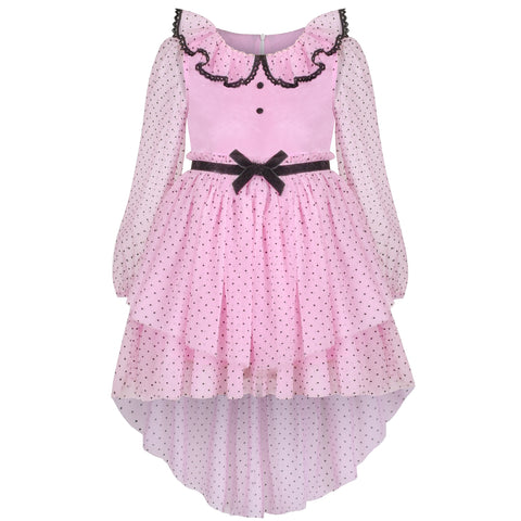 Girls Dress Polka Dot Lace Ruffle Velvet Hi-lo Skirt Bubble Long Sleeve Size 5-10 Years