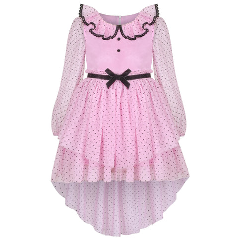 Girls Dress Pink Polka Dot Lace Ruffle Velvet Hi-lo Skirt Bubble Long Sleeve Size 5-10 Years