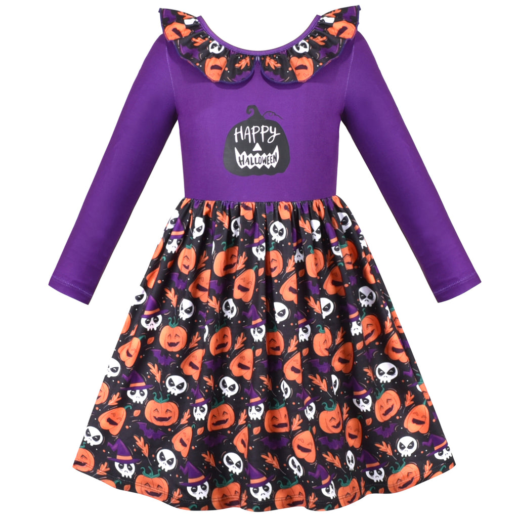 Girls Dress Halloween T-shirt Backless Pumpkin Face Long Sleeve Size 2-12 Years