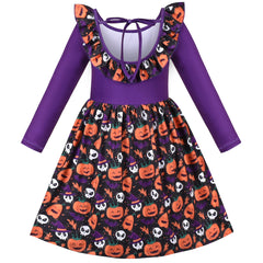 Girls Dress Halloween T-shirt Backless Pumpkin Face Long Sleeve Size 2-12 Years