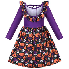 Girls Dress Halloween Purple T-shirt Backless Pumpkin Face Long Sleeve Size 4-8 Years