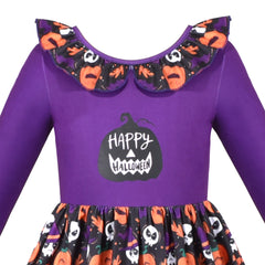 Girls Dress Halloween Purple T-shirt Backless Pumpkin Face Long Sleeve Size 4-8 Years