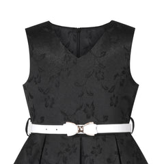 Girls Dress Black Party Elegant A Line V Neck Waist Belt Sleeveless Size 6-14 Years