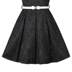 Girls Dress Black Party Elegant A Line V Neck Waist Belt Sleeveless Size 6-14 Years