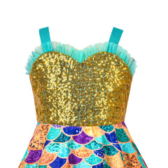 Girls Dress Mermaid Sequin Fish Scale Hi-lo Skirt Pretend Ruffle Sleeveless Size 4-8 Years