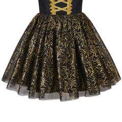 Girls Dress Black Gold Line Shiny Applique Princess Party Flare Sleeve Size 5-10 Years