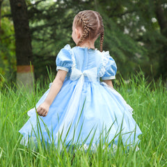 Girls Dress 2 Piece Blue Prairie Colonial Maid Lace Apron Alice Vintage Size 4-8 Years